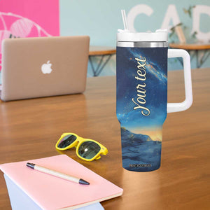 Personalized Stack of Glowing Books Tumbler With Handle Under Starry Night Sky Fantasy Style TS04 Print Your Wear