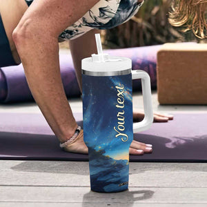 Personalized Stack of Glowing Books Tumbler With Handle Under Starry Night Sky Fantasy Style TS04 Print Your Wear