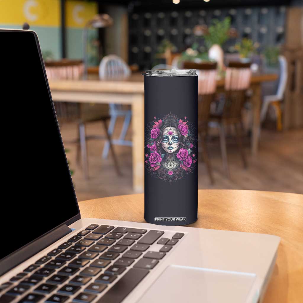 Personalized Sugar Skull Woman Skinny Tumbler with Floral Theme TS04 Print Your Wear