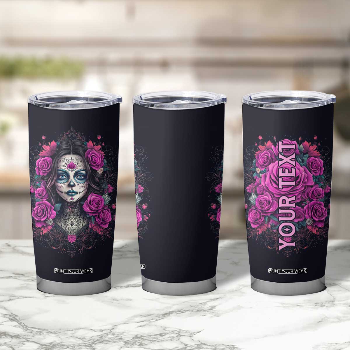 Personalized Sugar Skull Woman Tumbler Cup with Floral Theme TS04 Print Your Wear