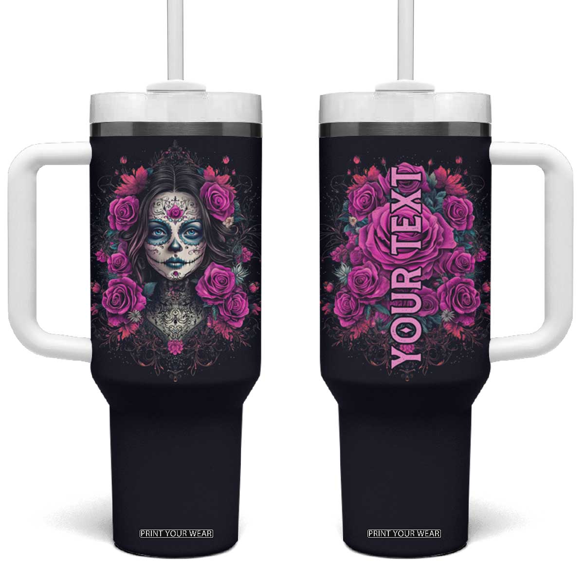 Personalized Sugar Skull Woman Tumbler With Handle with Floral Theme TS04 One Size: 40 oz Multicolor Print Your Wear