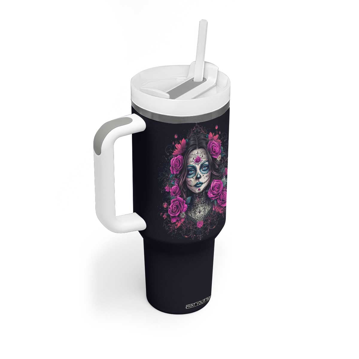 Personalized Sugar Skull Woman Tumbler With Handle with Floral Theme TS04 Print Your Wear