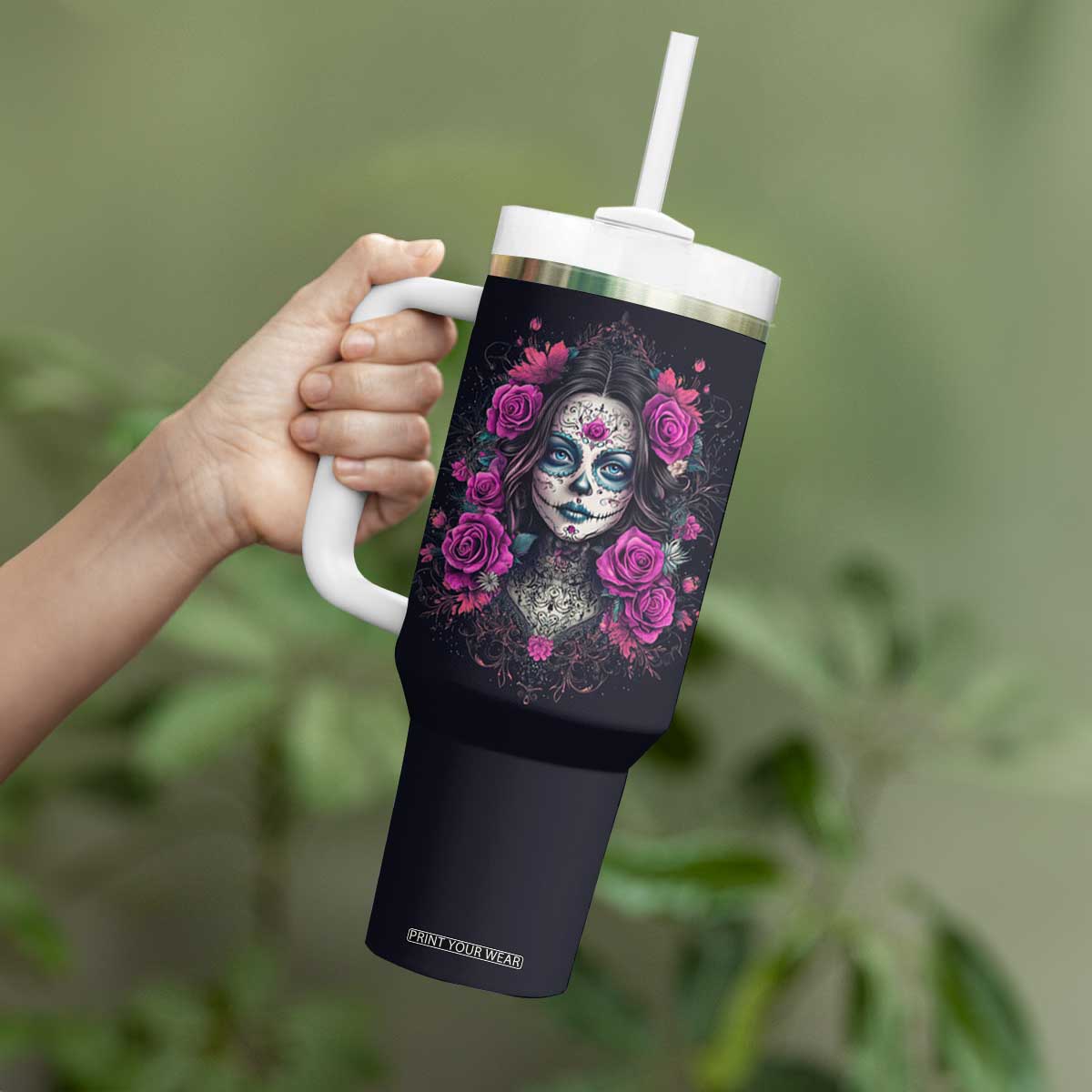 Personalized Sugar Skull Woman Tumbler With Handle with Floral Theme TS04 Print Your Wear