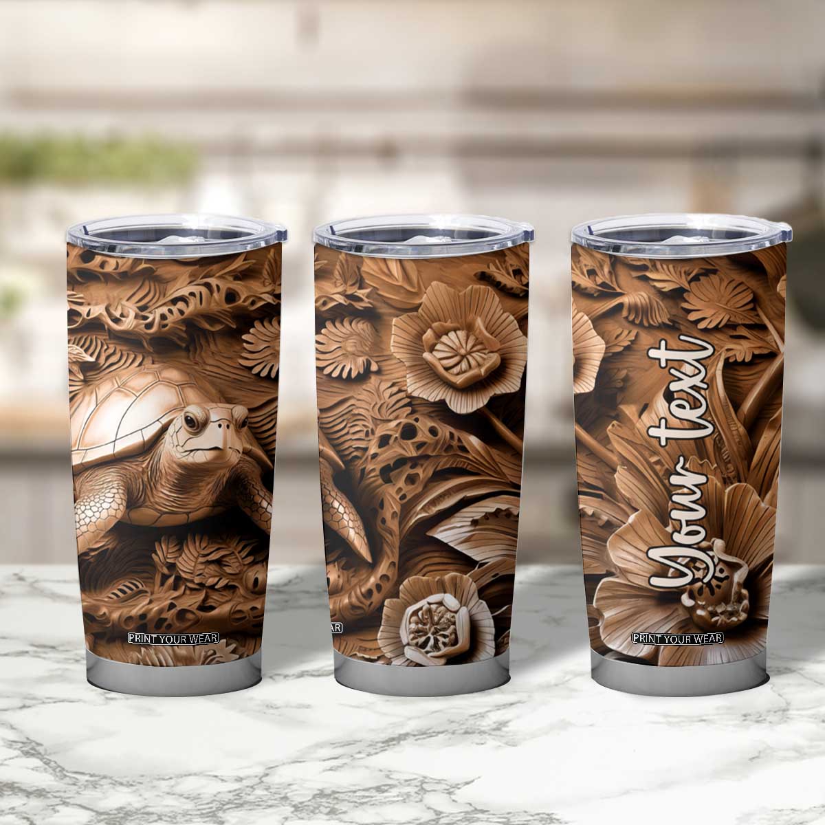 Personalized Turtle Tumbler Cup with Leather Carving Artistic Design TS04 Print Your Wear