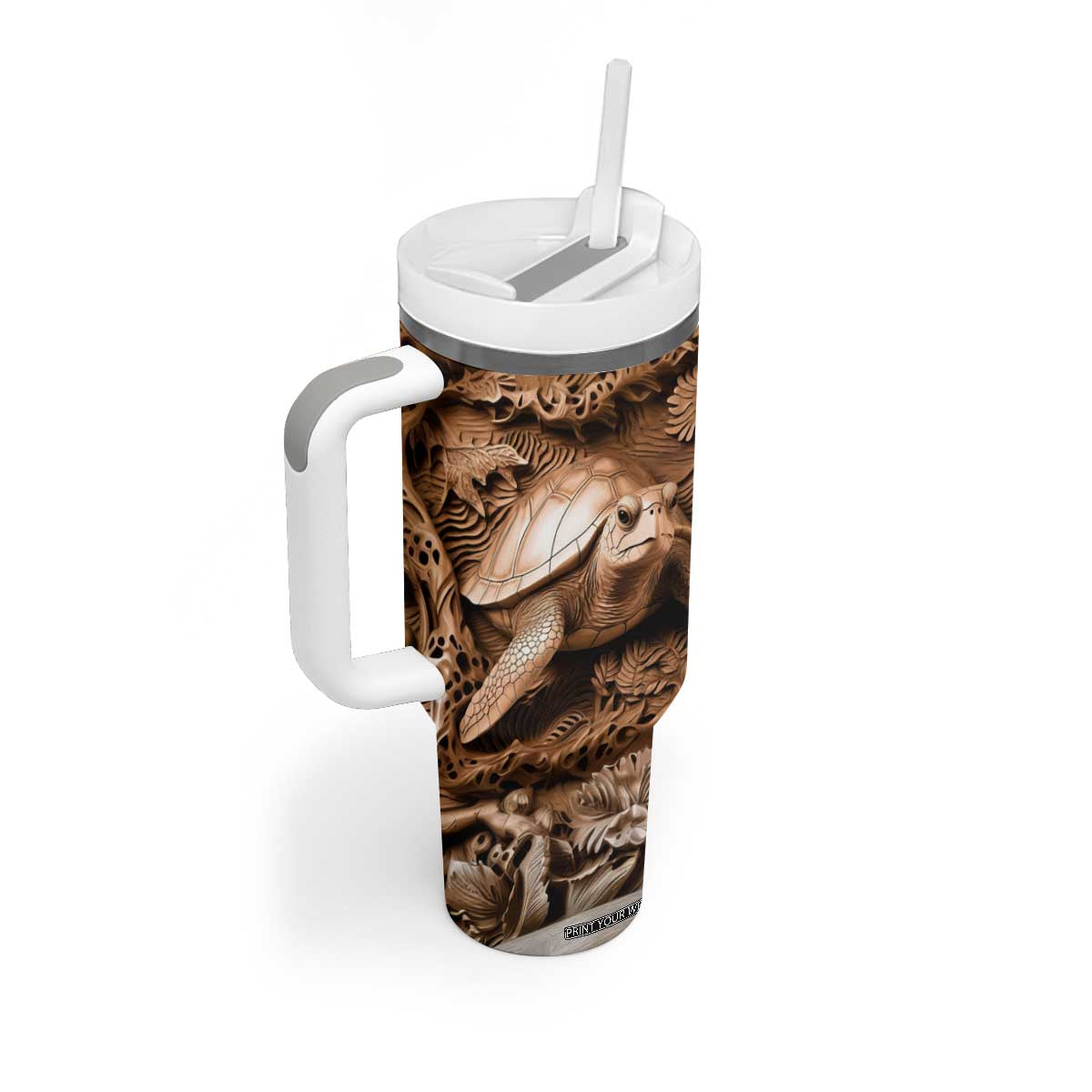 Personalized Turtle Tumbler With Handle with Leather Carving Artistic Design TS04 Print Your Wear