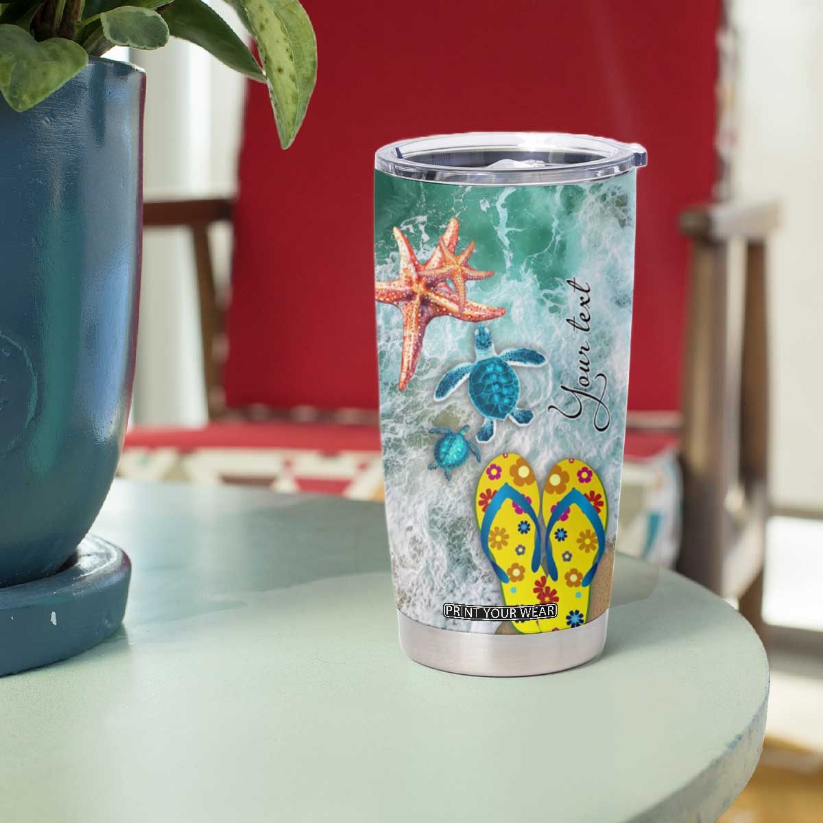 Personalized Turtle on the Beach Tumbler Cup with Coastal Theme TS04 Print Your Wear