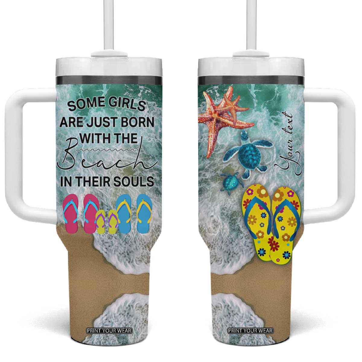 Personalized Turtle on the Beach Tumbler With Handle with Coastal Theme TS04 One Size: 40 oz Multicolor Print Your Wear