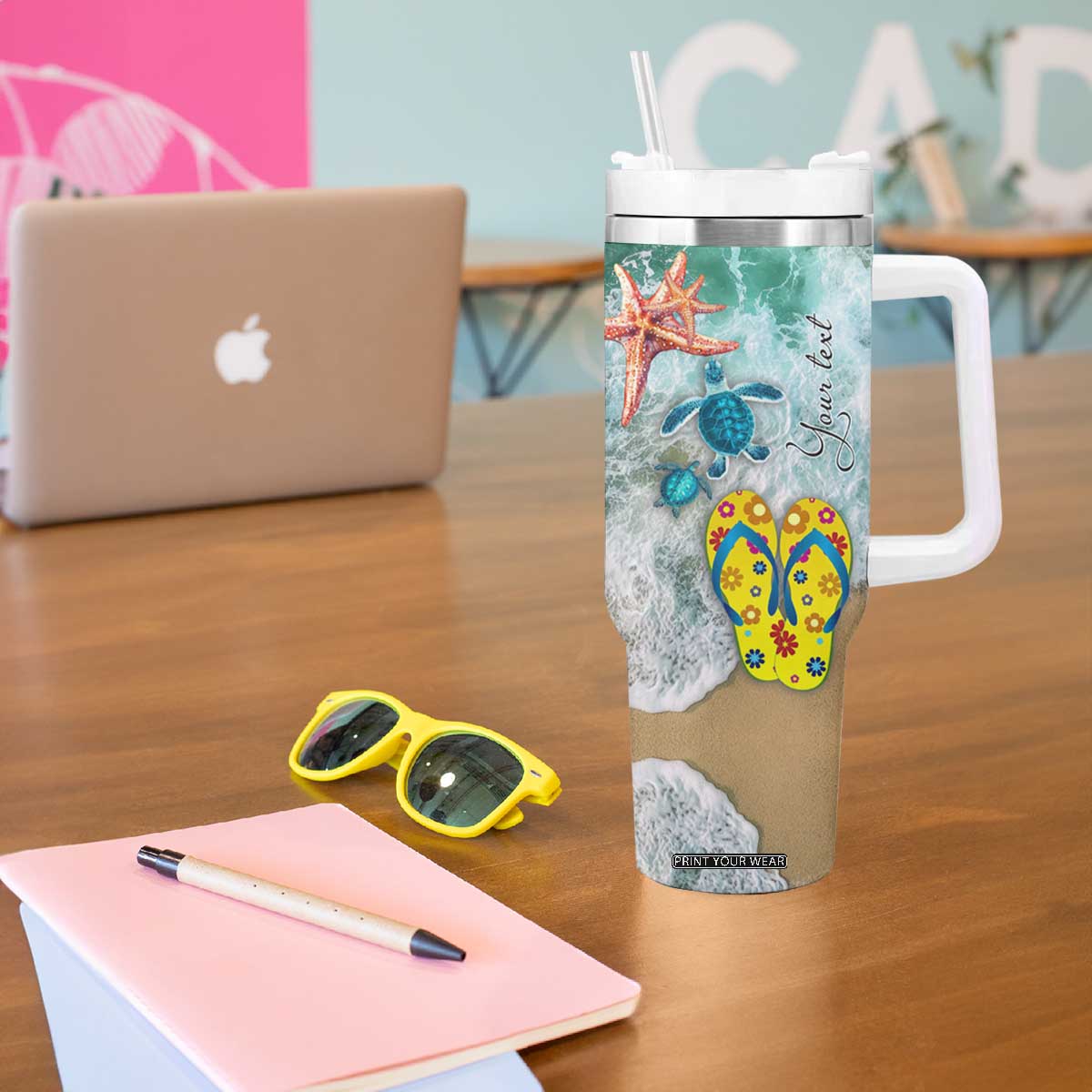Personalized Turtle on the Beach Tumbler With Handle with Coastal Theme TS04 Print Your Wear