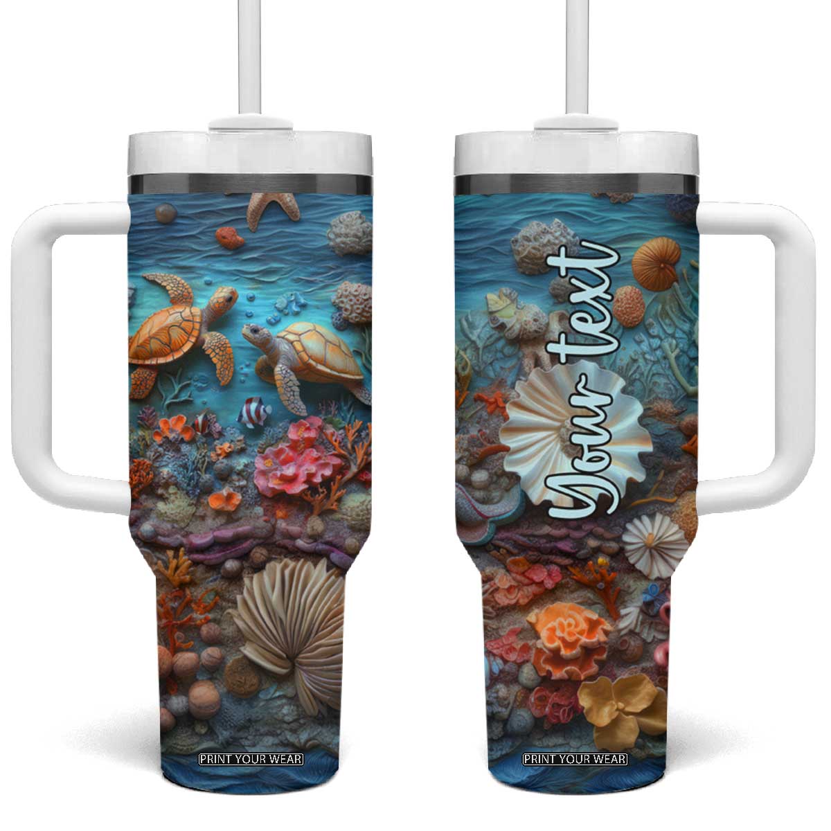 Personalized Turtles in the Ocean Tumbler With Handle with Plaster Carving Style TS04 One Size: 40 oz Multicolor Print Your Wear