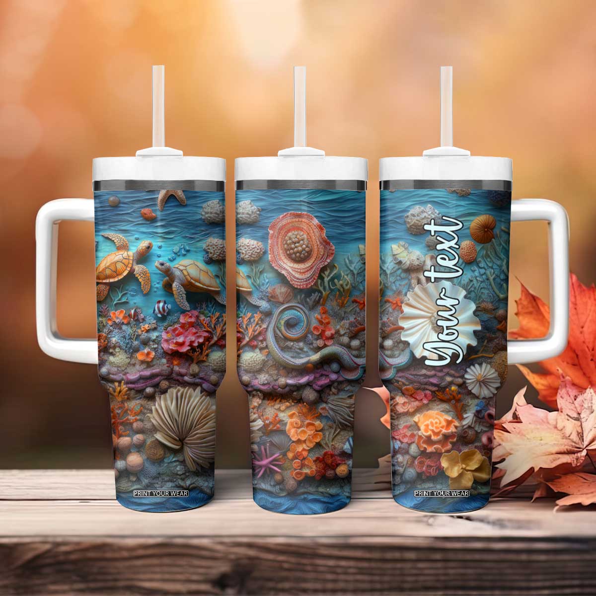 Personalized Turtles in the Ocean Tumbler With Handle with Plaster Carving Style TS04 Print Your Wear