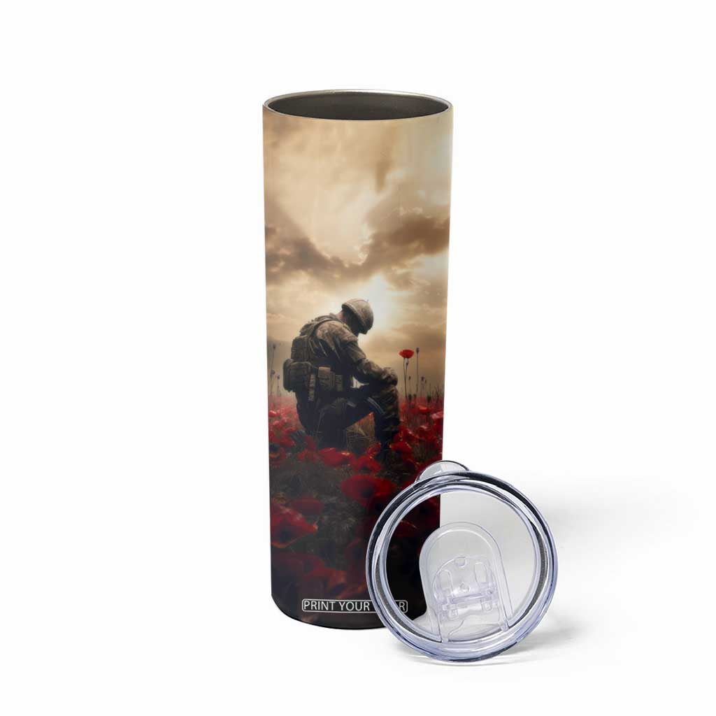 Personalized Veteran Kneeling Down Skinny Tumbler with Respectful Illustration TS04 Print Your Wear