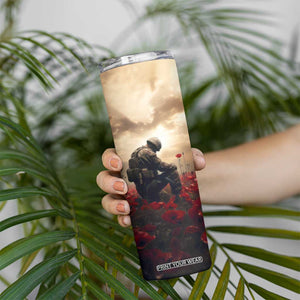 Personalized Veteran Kneeling Down Skinny Tumbler with Respectful Illustration TS04 Print Your Wear