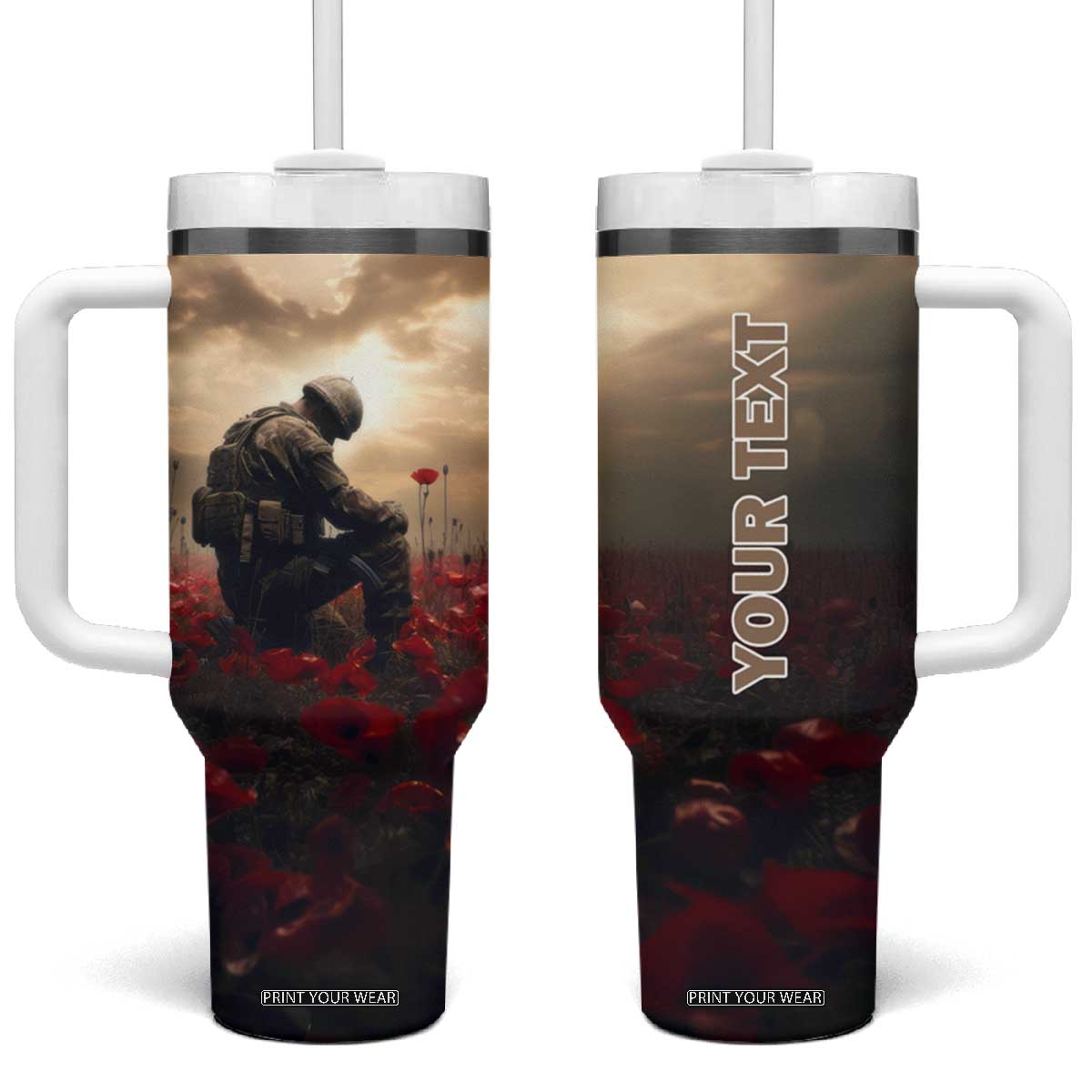 Personalized Veteran Kneeling Down Tumbler With Handle with Respectful Illustration TS04 One Size: 40 oz Multicolor Print Your Wear