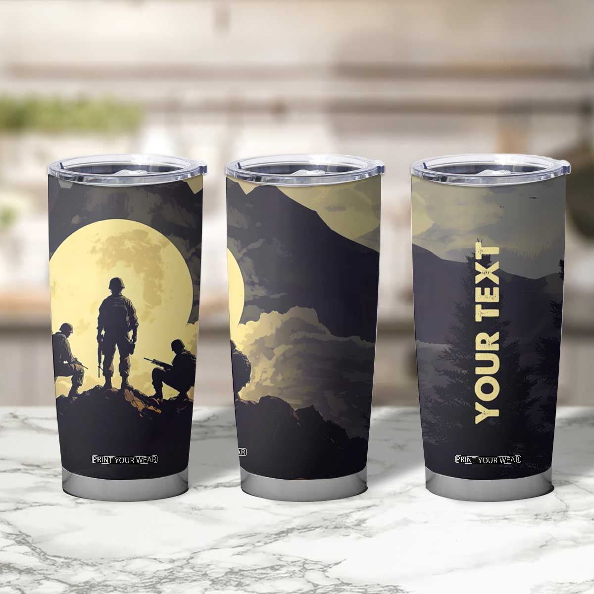 Personalized Veteran Silhouette Tumbler Cup with Patriotic Theme Illustration TS04 Print Your Wear
