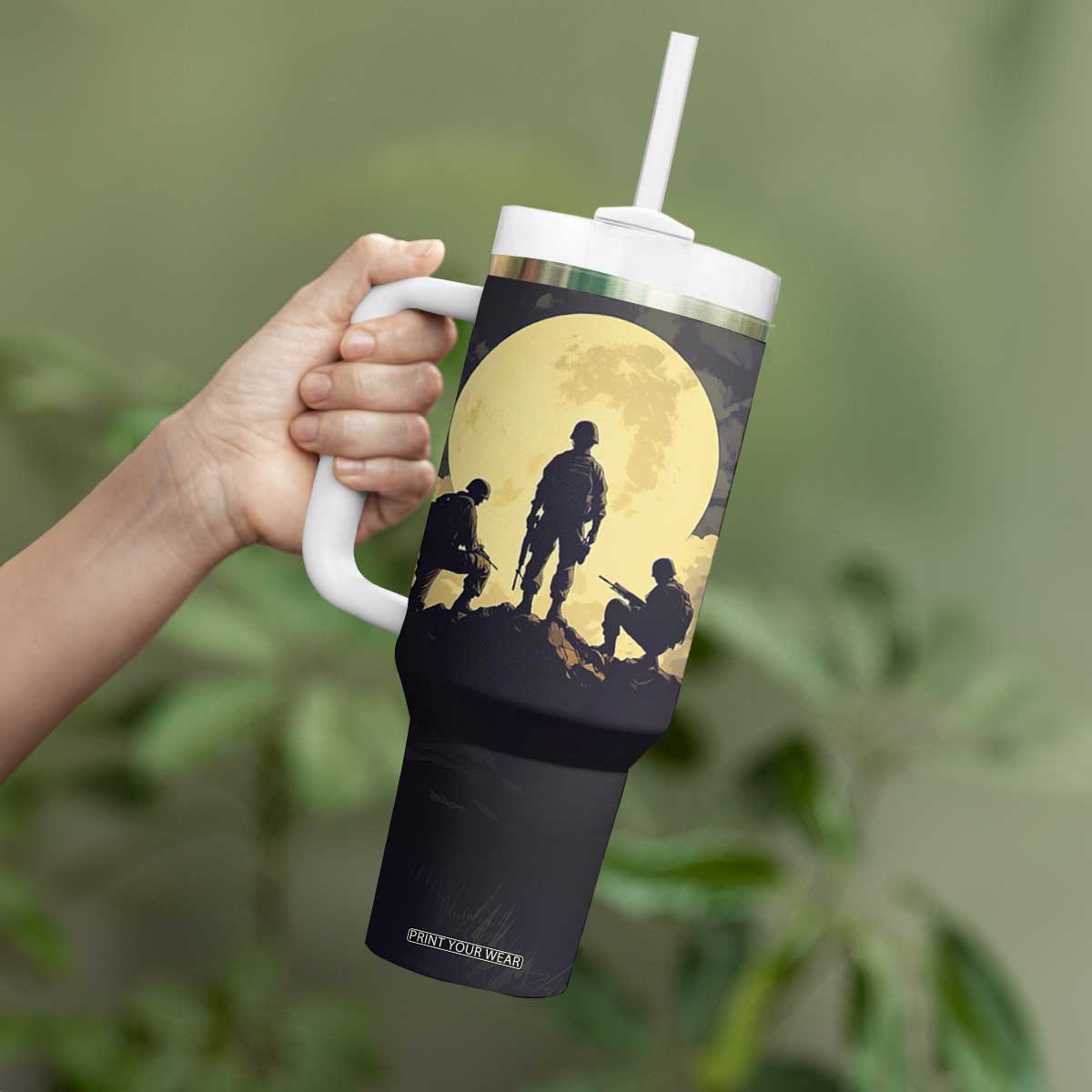 Personalized Veteran Silhouette Tumbler With Handle with Patriotic Theme Illustration TS04 Print Your Wear