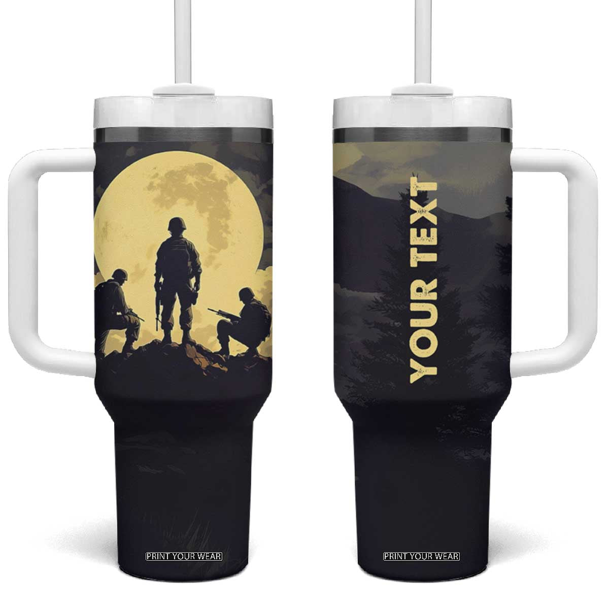 Personalized Veteran Silhouette Tumbler With Handle with Patriotic Theme Illustration TS04 One Size: 40 oz Multicolor Print Your Wear