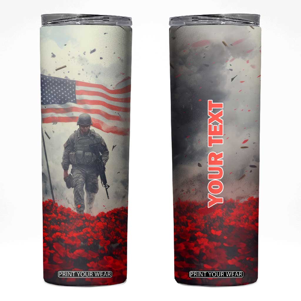 Personalized Veteran Skinny Tumbler Walking Through Red Flower Field Scene TS04 Multicolor Print Your Wear