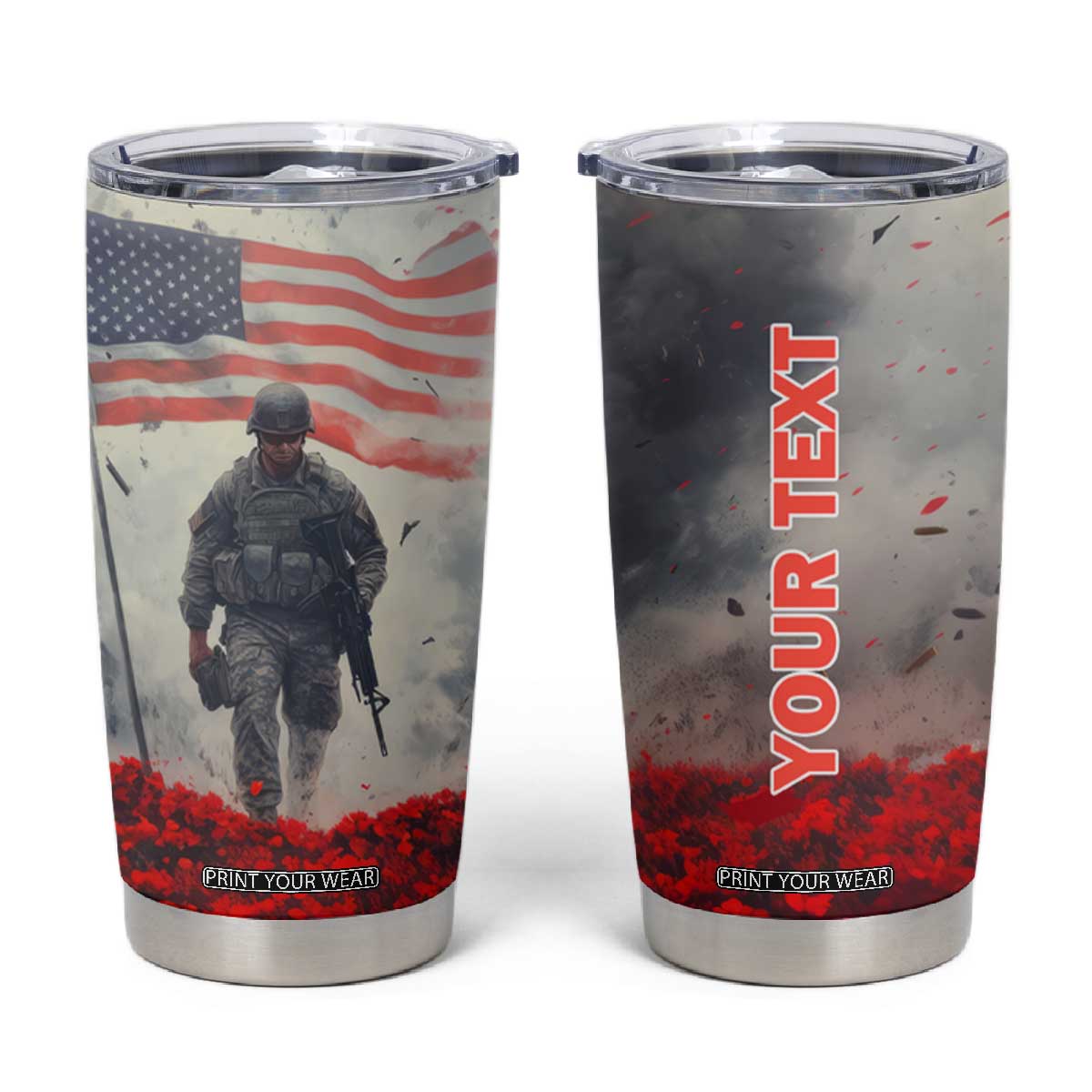 Personalized Veteran Tumbler Cup Walking Through Red Flower Field Scene TS04 Multicolor Print Your Wear