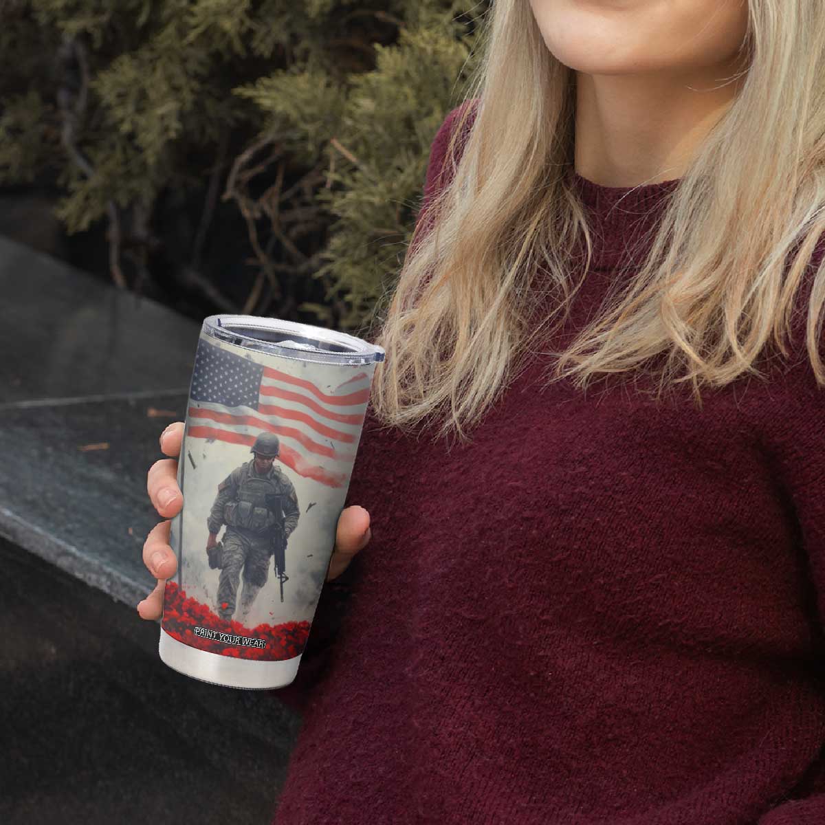 Personalized Veteran Tumbler Cup Walking Through Red Flower Field Scene TS04 Print Your Wear