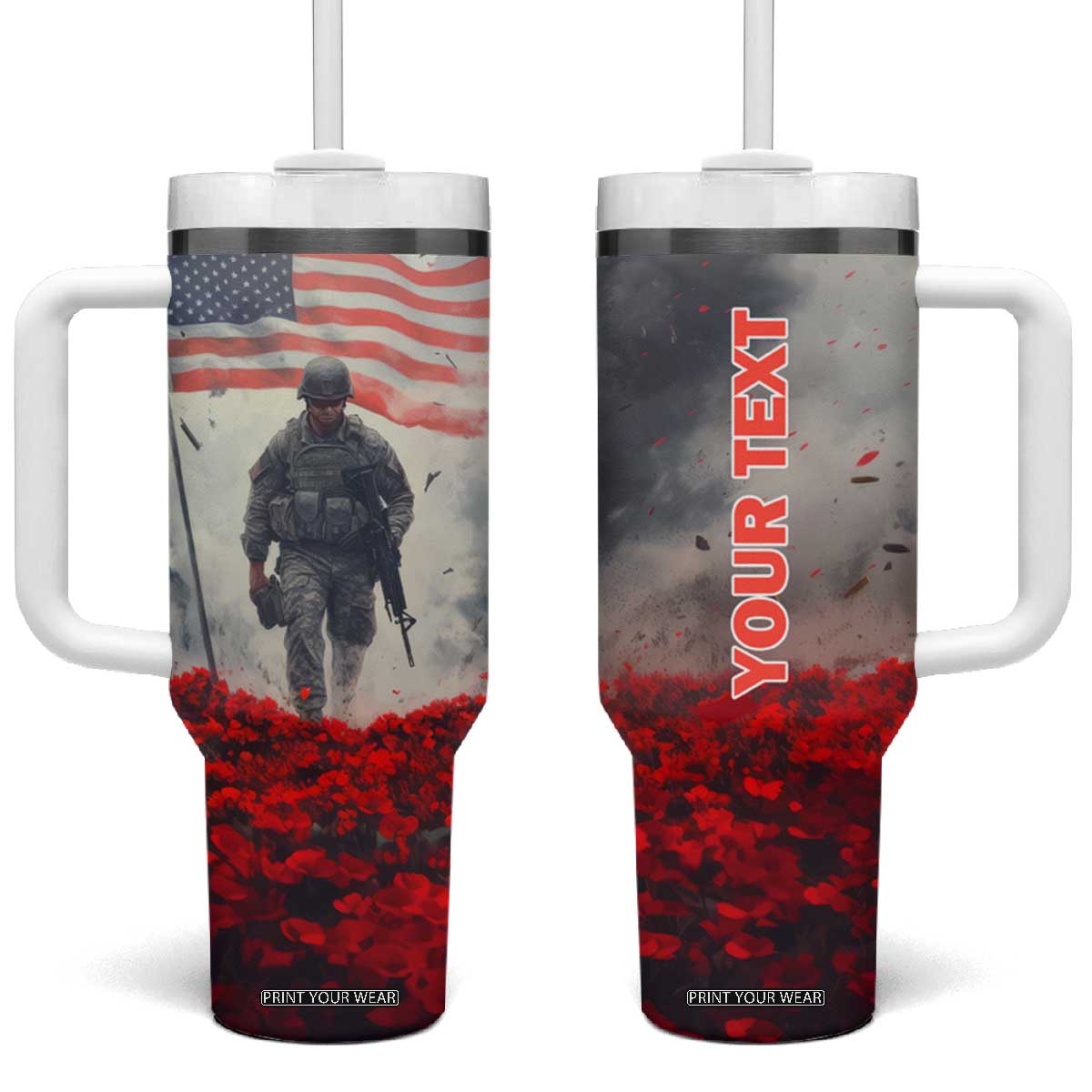 Personalized Veteran Tumbler With Handle Walking Through Red Flower Field Scene TS04 One Size: 40 oz Multicolor Print Your Wear