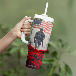Personalized Veteran Tumbler With Handle Walking Through Red Flower Field Scene TS04 Print Your Wear