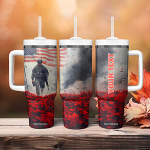 Personalized Veteran Tumbler With Handle Walking Through Red Flower Field Scene TS04 Print Your Wear