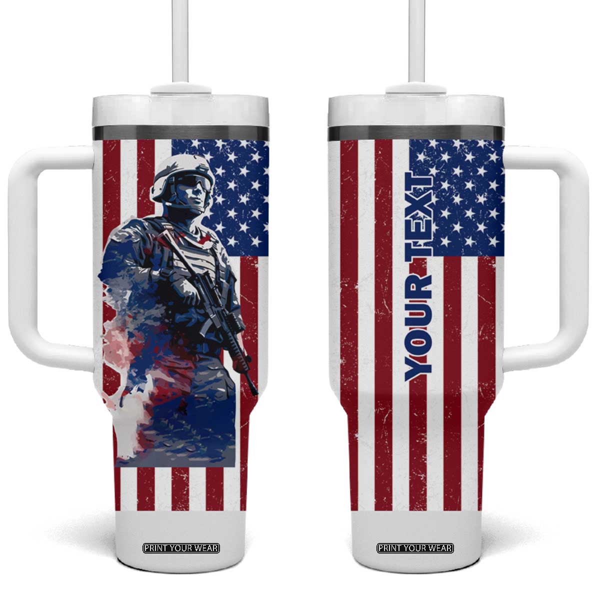 Personalized Veteran Tumbler With Handle with American Flag Background Design TS04 One Size: 40 oz Multicolor Print Your Wear