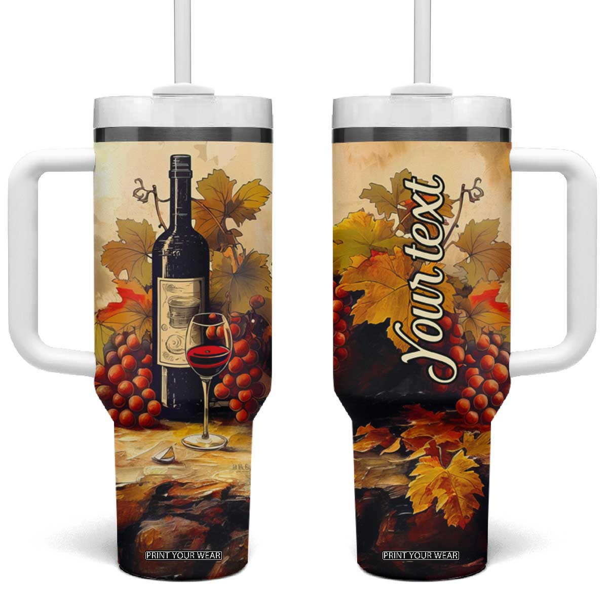Personalized Wine Theme Tumbler With Handle with Vintage Style Illustration TS04 One Size: 40 oz Multicolor Print Your Wear