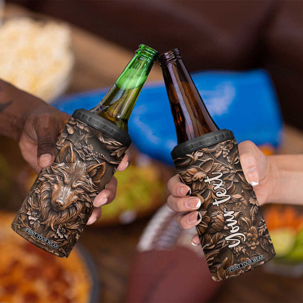 Personalized Wolf 4 in 1 Can Cooler Tumbler with Leather Carving Artistic Design TS04 Print Your Wear
