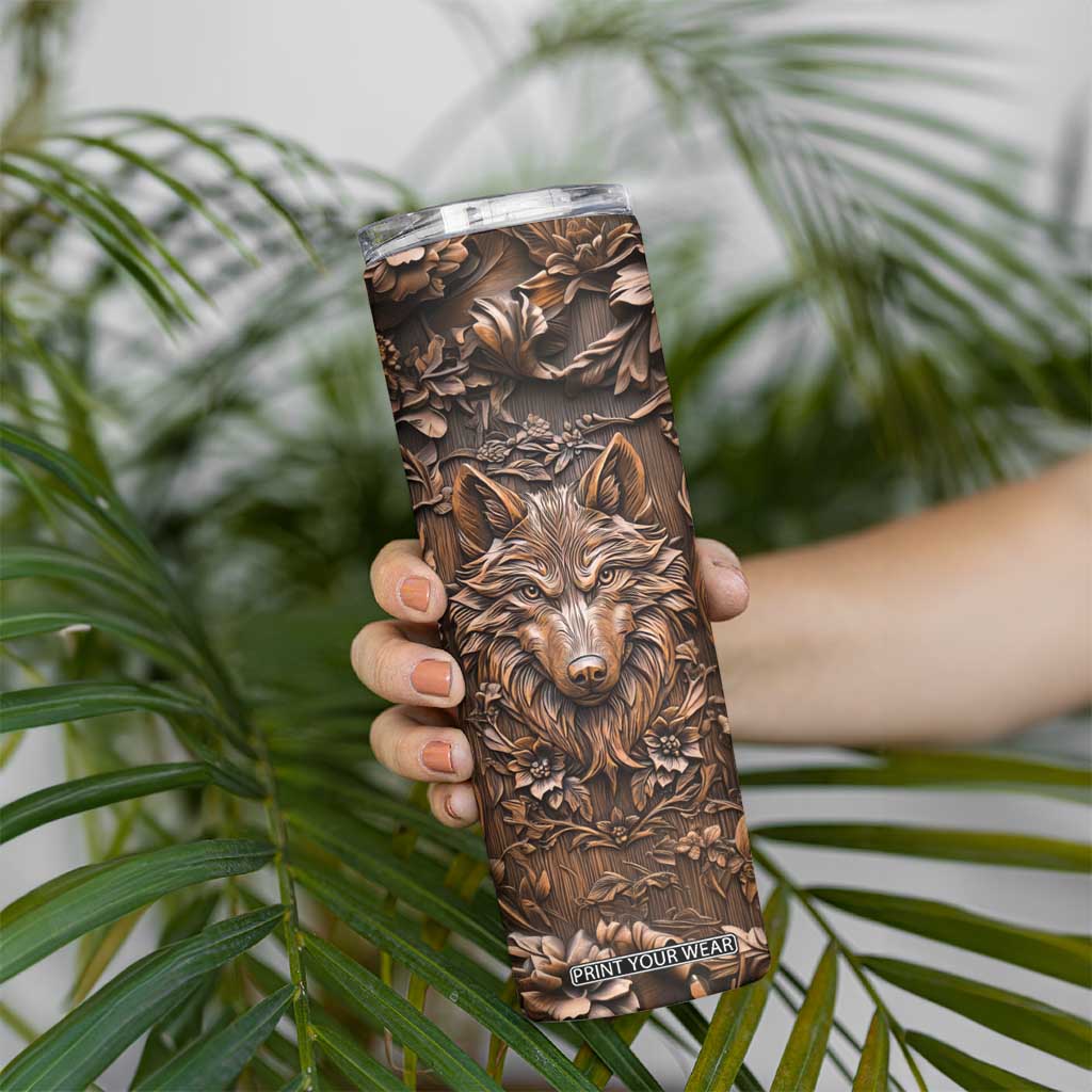 Personalized Wolf Skinny Tumbler with Leather Carving Artistic Design TS04 Print Your Wear