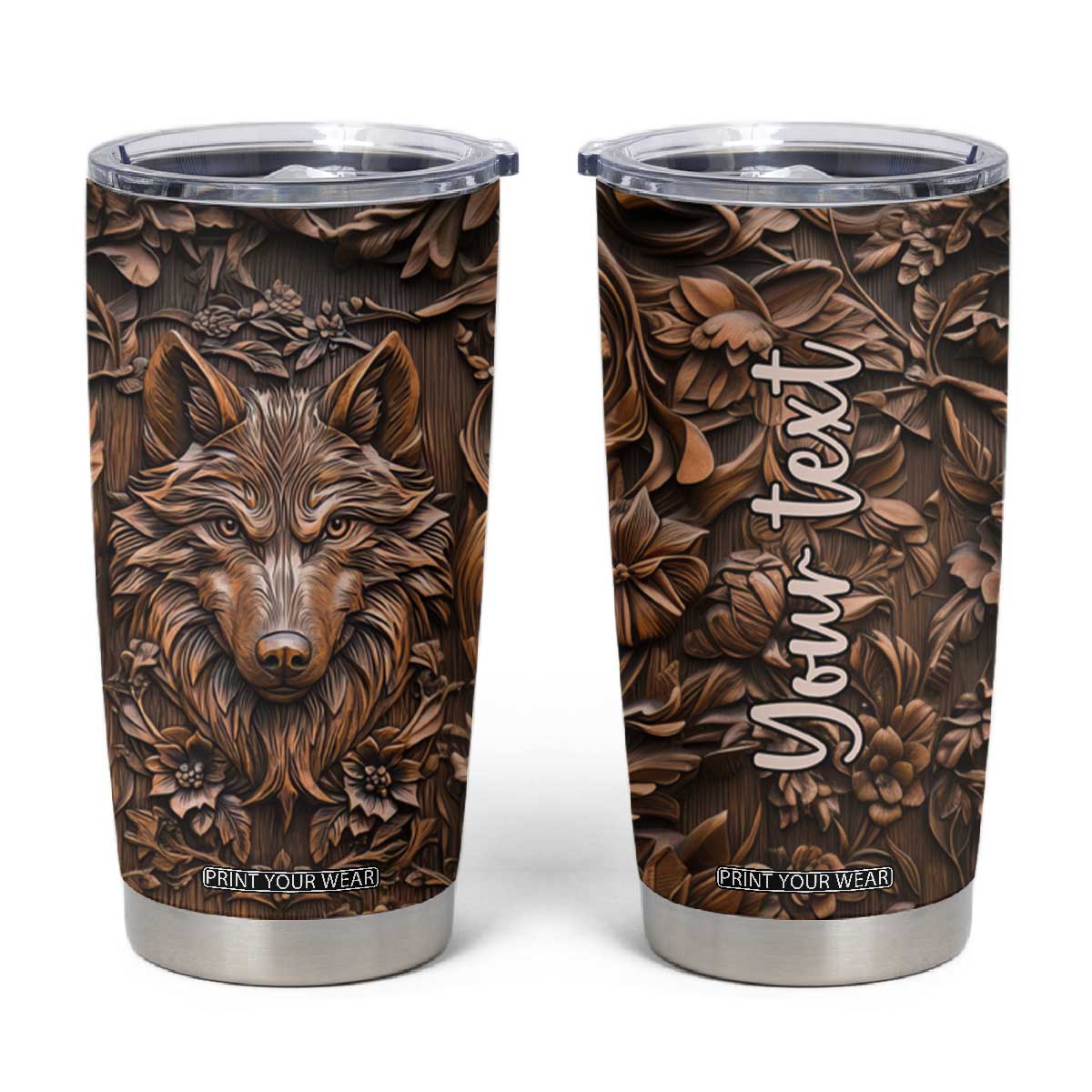 Personalized Wolf Tumbler Cup with Leather Carving Artistic Design TS04 Multicolor Print Your Wear