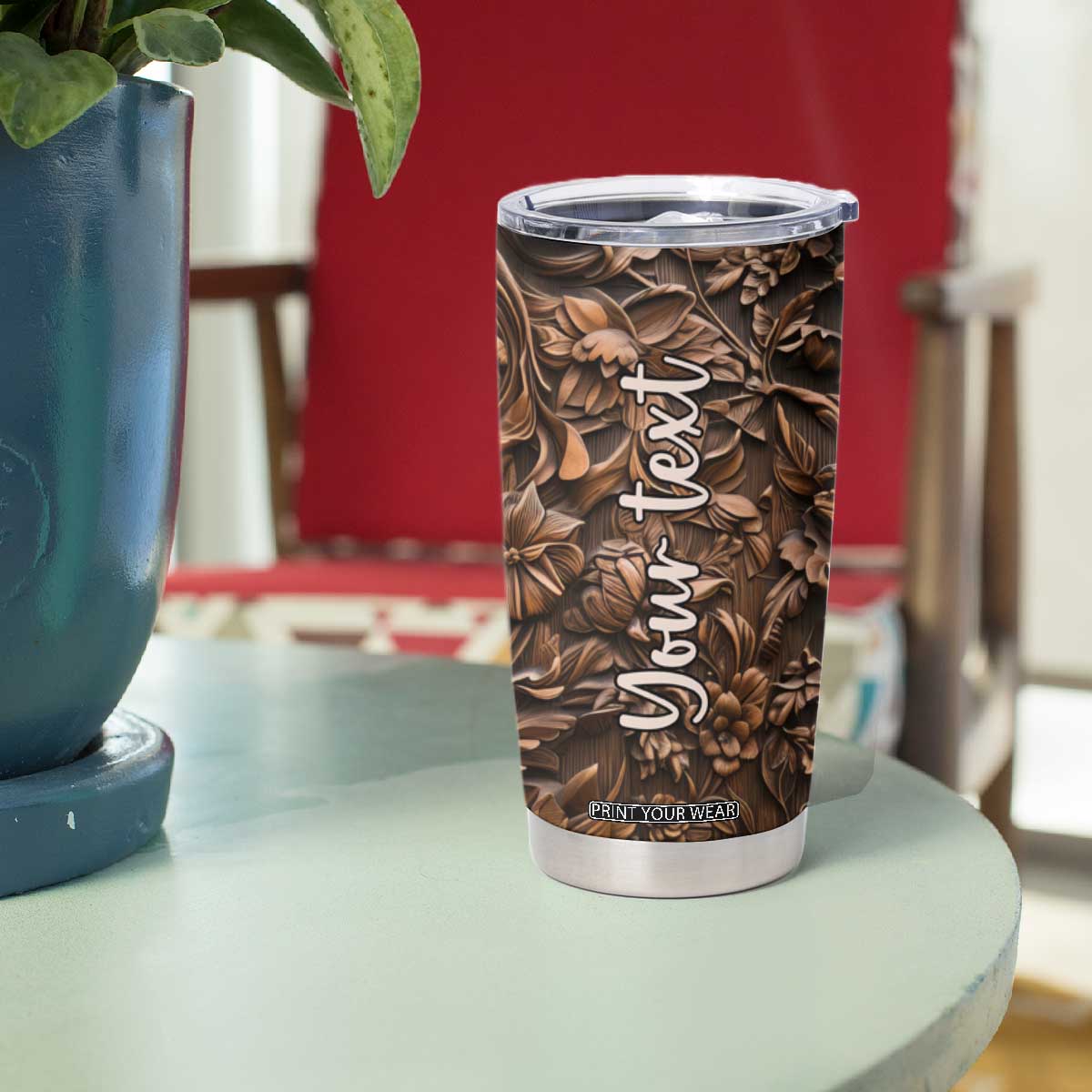 Personalized Wolf Tumbler Cup with Leather Carving Artistic Design TS04 Print Your Wear