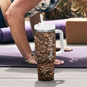 Personalized Wolf Tumbler With Handle with Leather Carving Artistic Design TS04 Print Your Wear
