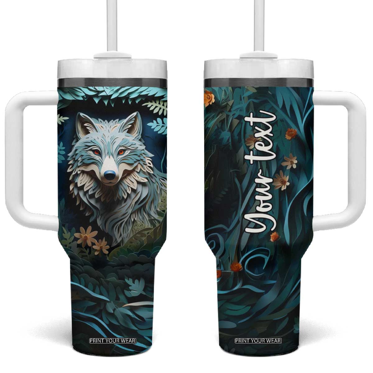 Personalized Wolf Tumbler With Handle with Paper Quilling Art Design TS04 One Size: 40 oz Multicolor Print Your Wear