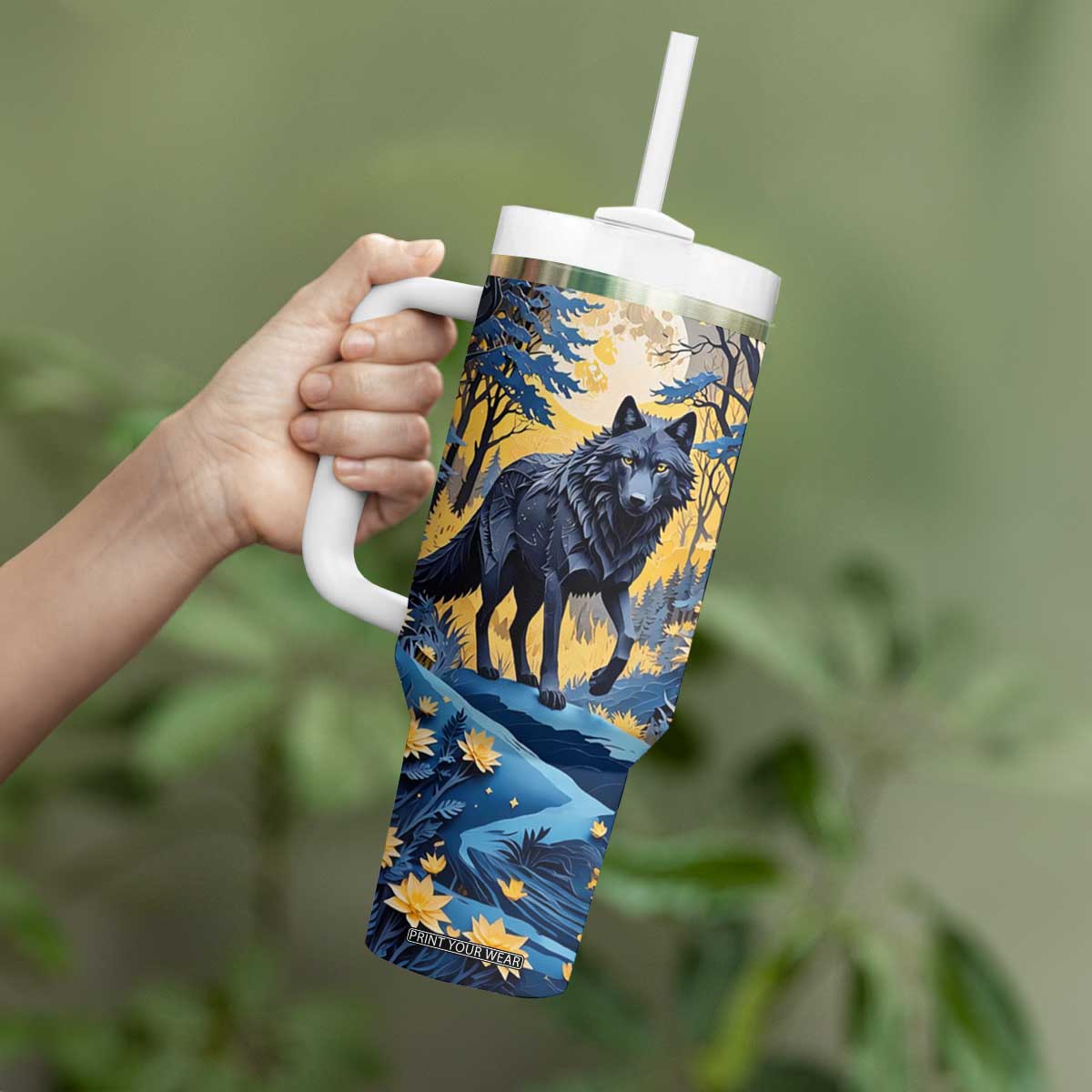 Personalized Wolf in Night Forest Tumbler With Handle with Paper Quilling Style TS04 Print Your Wear