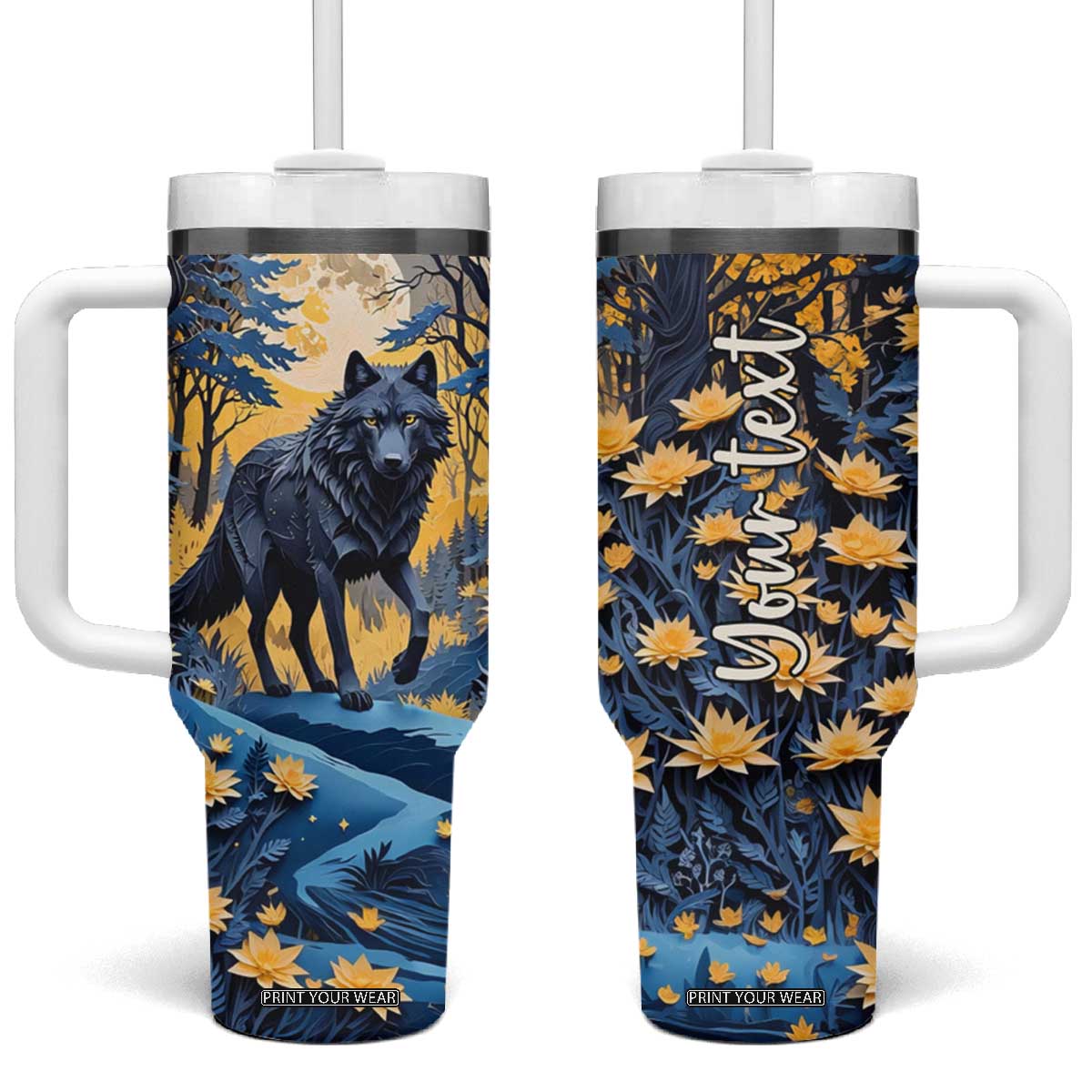 Personalized Wolf in Night Forest Tumbler With Handle with Paper Quilling Style TS04 One Size: 40 oz Multicolor Print Your Wear
