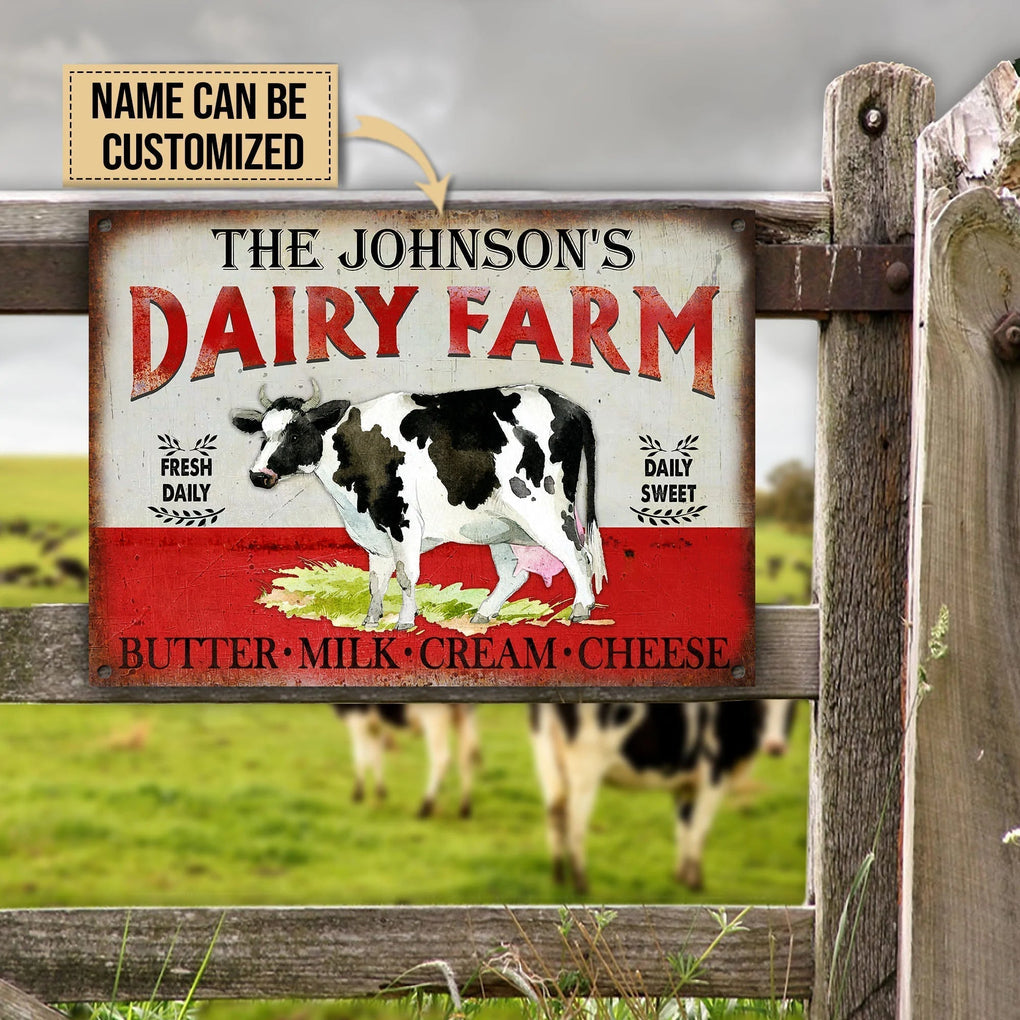 Personalized Metal Sign Cow Dairy Farm Fresh Daily Daily Sweet CTM One Size 24x18 inch (60.96x45.72 cm) Custom - Printyourwear