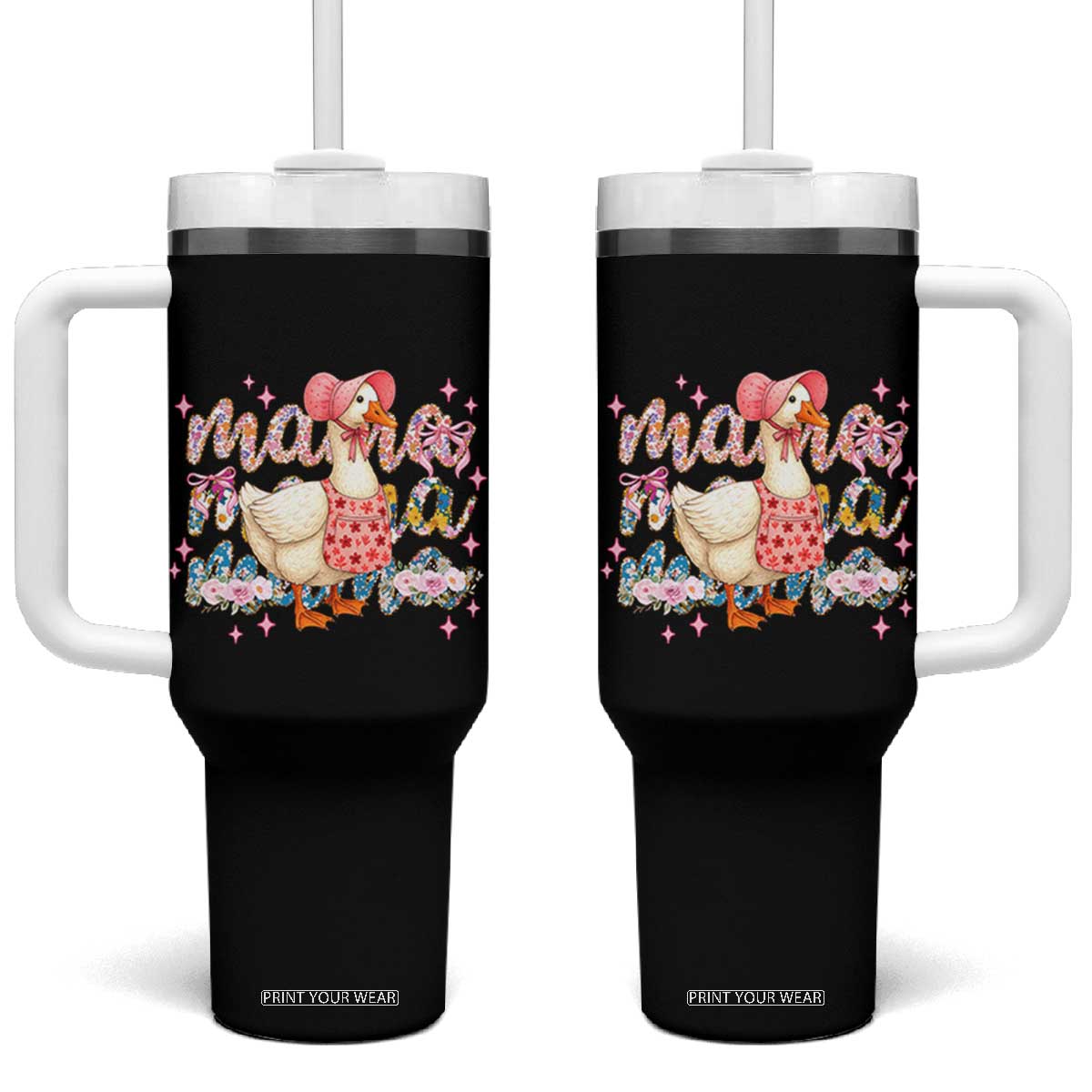 Pink Floral Mama Goose Tumbler With Handle Retro Botanical Mom Mothers Day TS02 One Size: 40 oz Black Print Your Wear