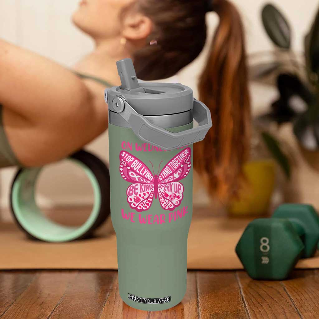 Pink Shirt Day Flip Straw Tumbler On Wednesdays We Wear Pink Anti Bullying Butterfly TS02 One Size: 30 oz Moss Green Print Your Wear