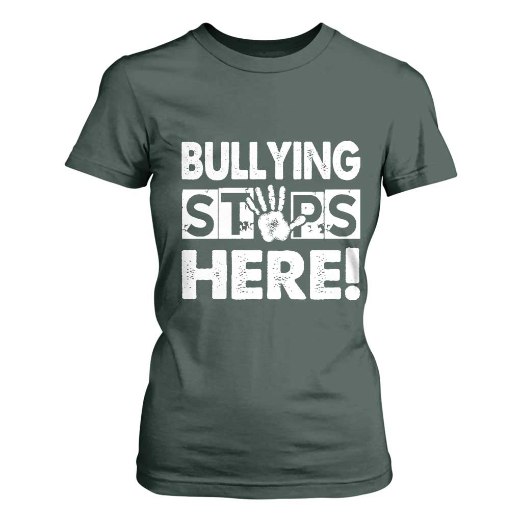 Pink Shirt Day T Shirt For Women Bullying Stops Here Stand Up To Bullies TS02 Dark Forest Green Print Your Wear