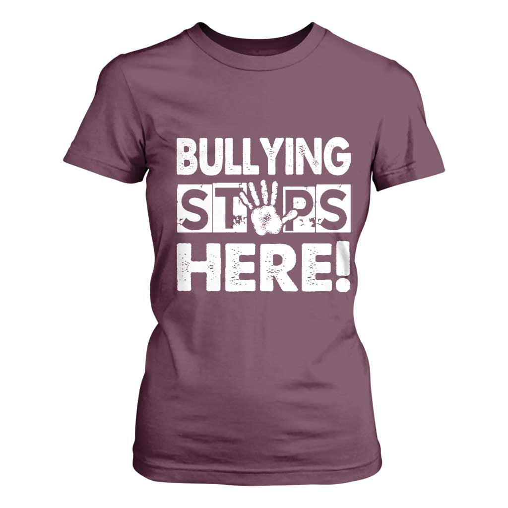 Pink Shirt Day T Shirt For Women Bullying Stops Here Stand Up To Bullies TS02 Maroon Print Your Wear