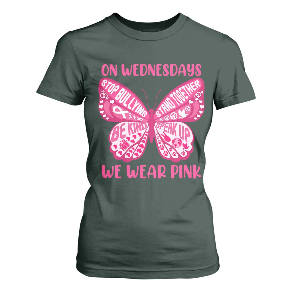 Pink Shirt Day T Shirt For Women On Wednesdays We Wear Pink Anti Bullying Butterfly TS02 Dark Forest Green Print Your Wear