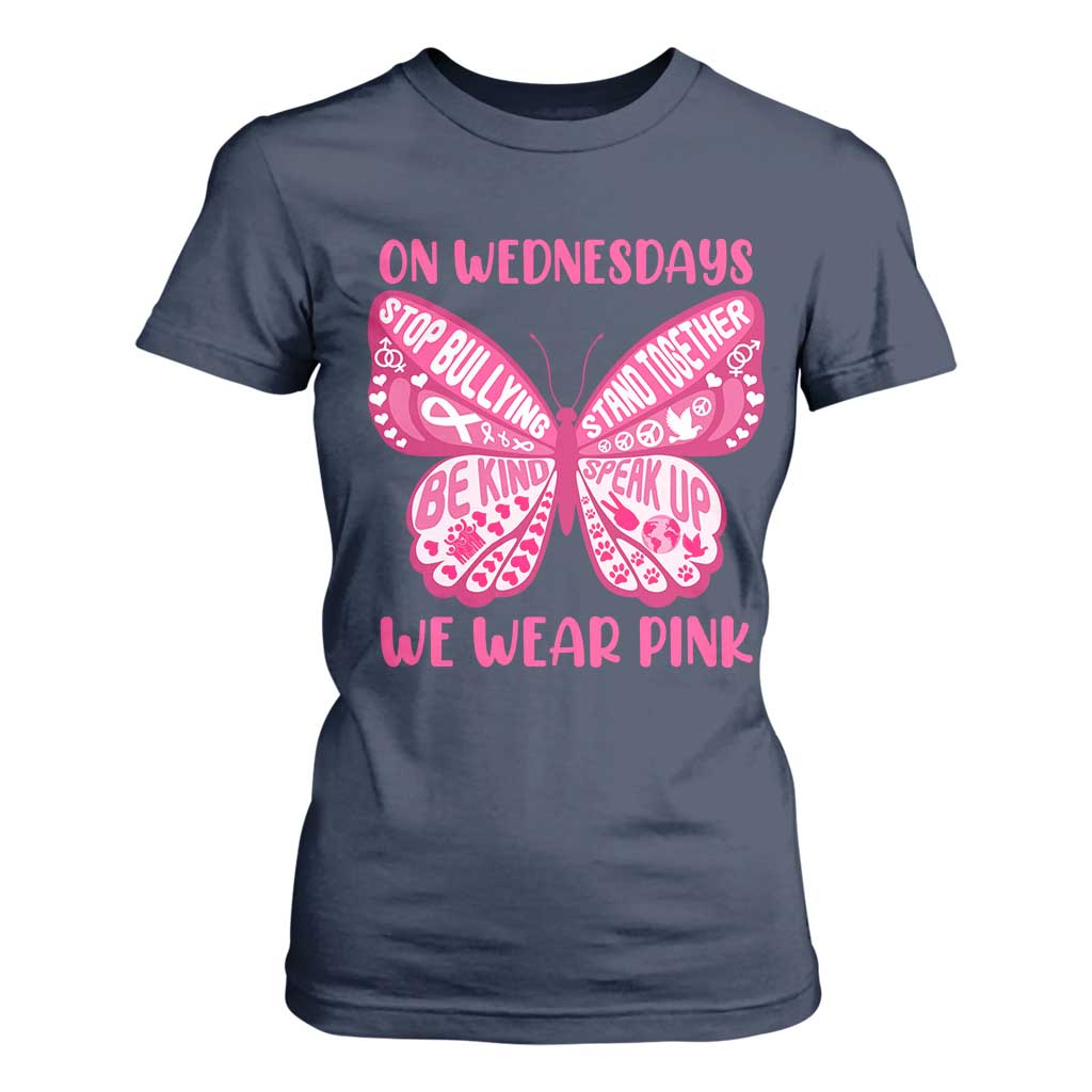 Pink Shirt Day T Shirt For Women On Wednesdays We Wear Pink Anti Bullying Butterfly TS02 Navy Print Your Wear