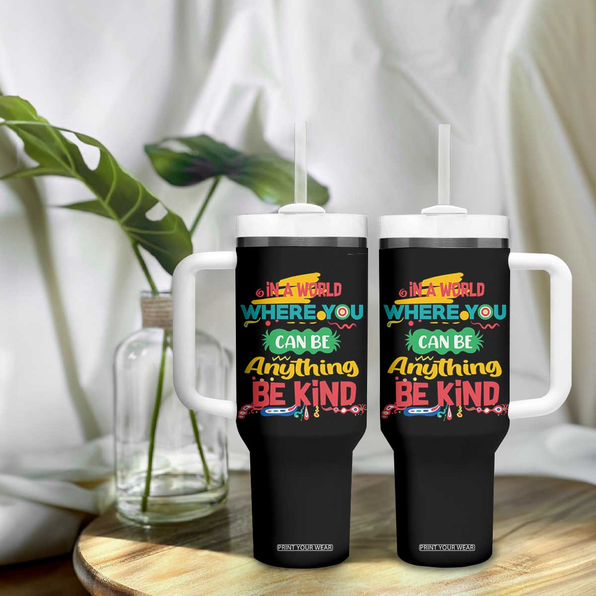Pink Shirt Day Tumbler With Handle In A World Where You Can Be Anything Be Kind Choose Kindness TS02 Print Your Wear