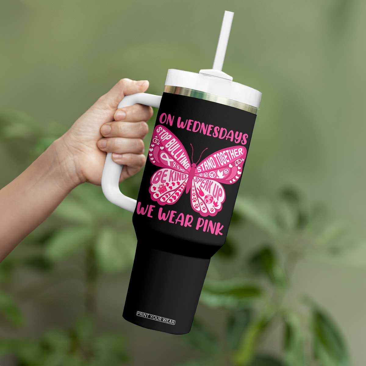 Pink Shirt Day Tumbler With Handle On Wednesdays We Wear Pink Anti Bullying Butterfly TS02 Print Your Wear
