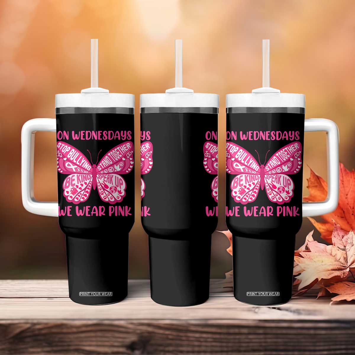 Pink Shirt Day Tumbler With Handle On Wednesdays We Wear Pink Anti Bullying Butterfly TS02 Print Your Wear