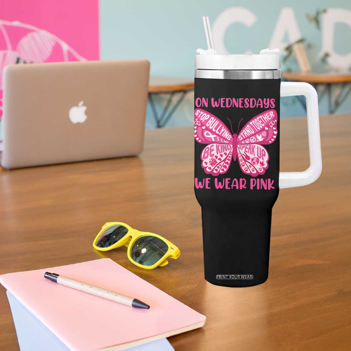 Pink Shirt Day Tumbler With Handle On Wednesdays We Wear Pink Anti Bullying Butterfly TS02 Print Your Wear