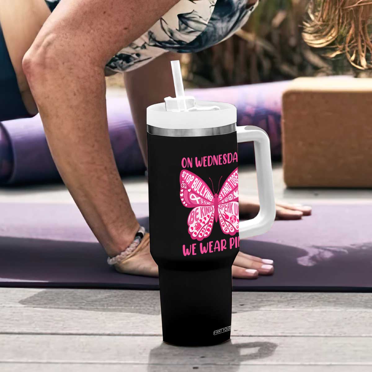 Pink Shirt Day Tumbler With Handle On Wednesdays We Wear Pink Anti Bullying Butterfly TS02 Print Your Wear