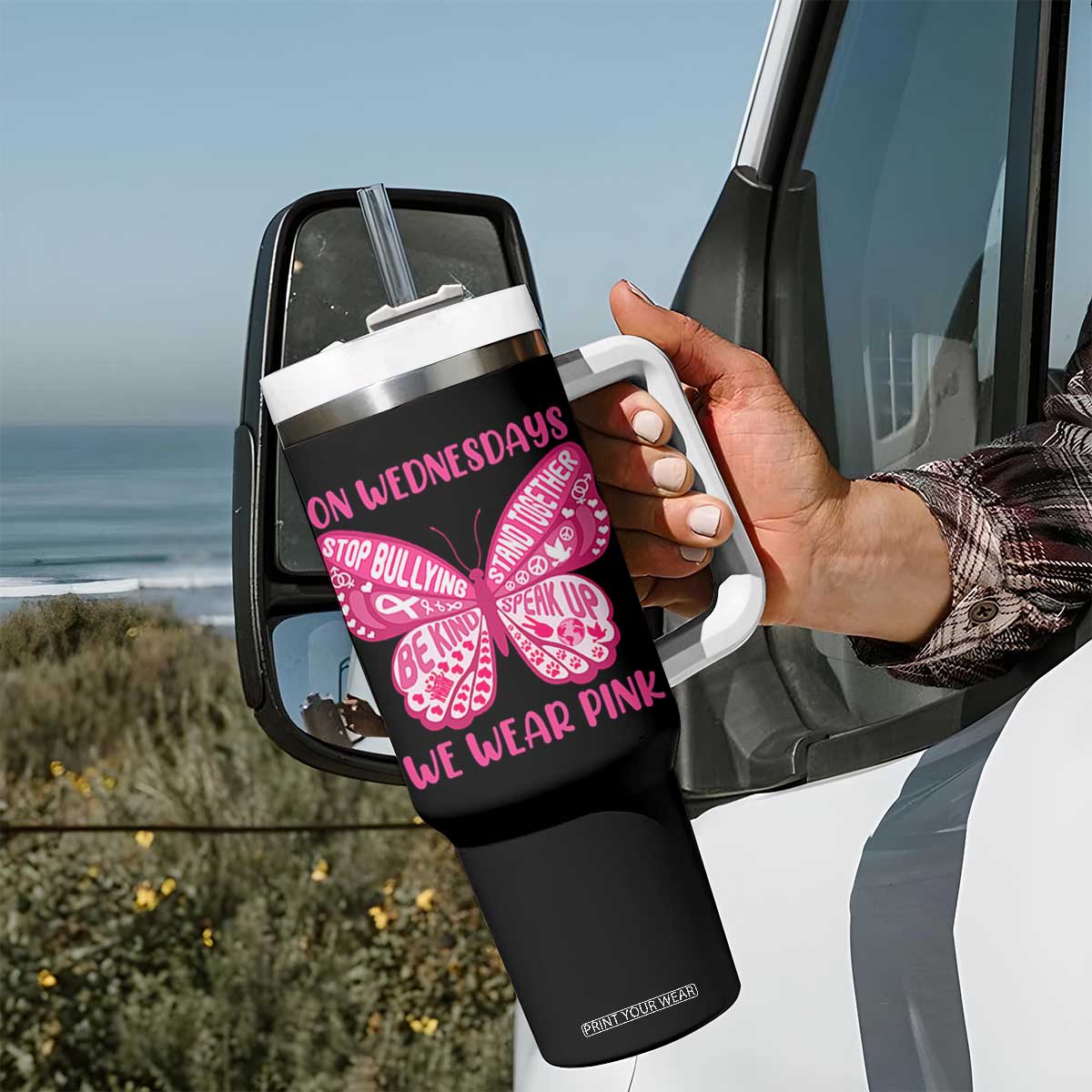 Pink Shirt Day Tumbler With Handle On Wednesdays We Wear Pink Anti Bullying Butterfly TS02 Print Your Wear