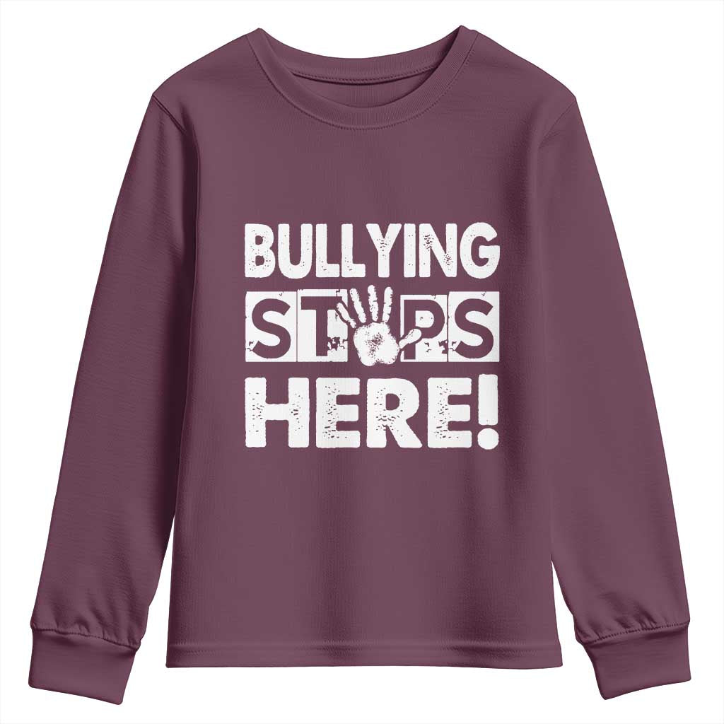 Pink Shirt Day Youth Sweatshirt Bullying Stops Here Stand Up To Bullies TS02 Maroon Print Your Wear